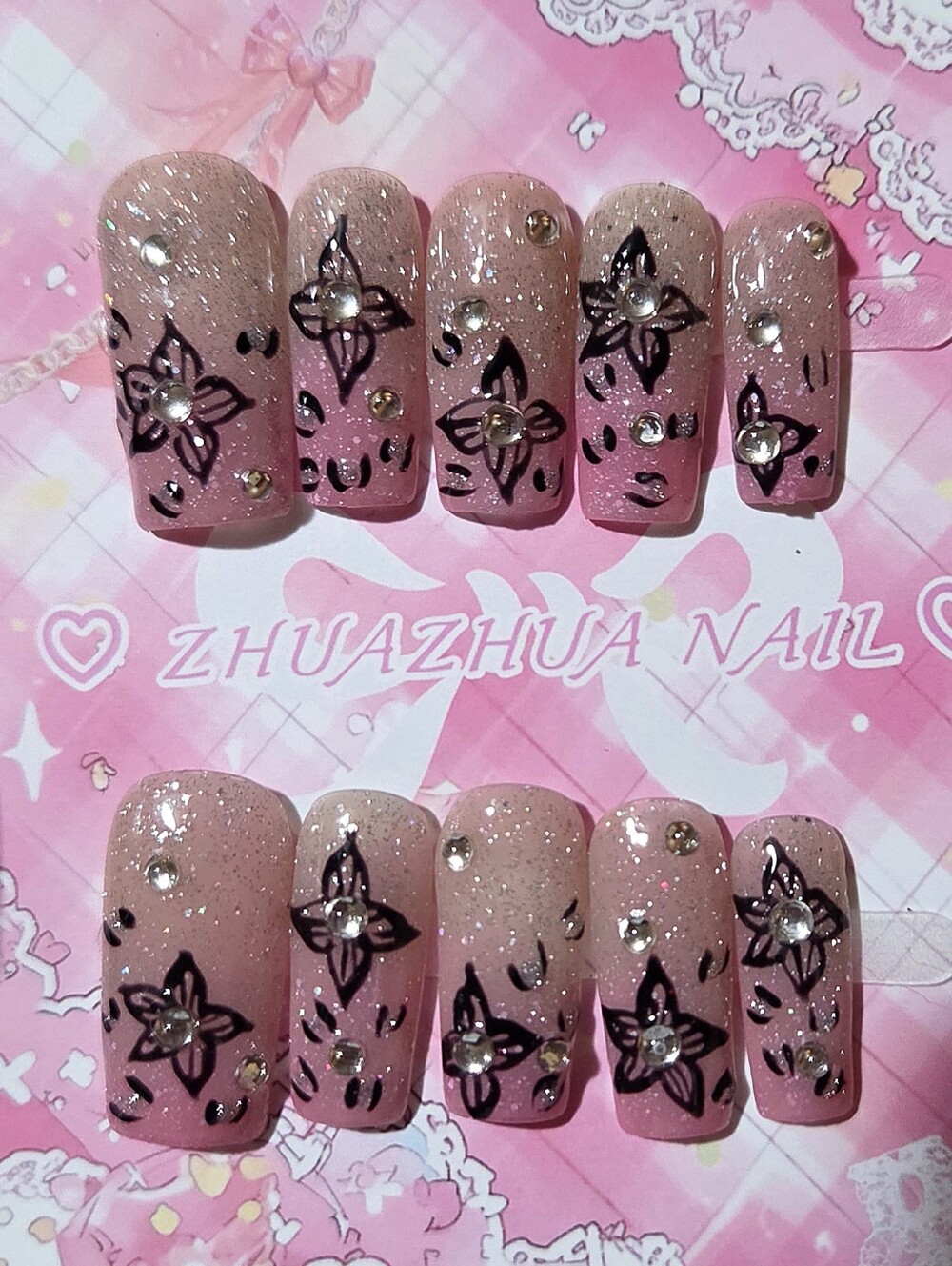 Y2K Pink Bling Floral Starburst HandPainted Rhinestone 2.5 Square Press On Nails